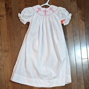 100% Cotton Elegant Pink and White Formal Dress with Smocking Detail